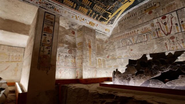Broken stone sarcophagus of an ancient Egyptian pharaoh Ramesses inside a royal burial chamber of royal tomb KV 9, Valley of the Kings, Luxor, Egypt, with vivid hieroglyphic murals on walls.