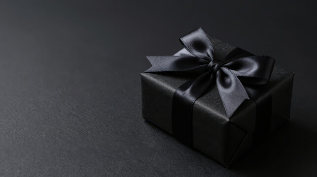 Black gift box with satin ribbon and bow on dark textured surface creating elegant minimalist mood