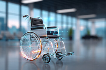 Obraz premium Futuristic wheelchair with glowing digital elements stands in a modern, spacious interior. Innovative technology and accessibility merge in this advanced mobility device for enhanced independence