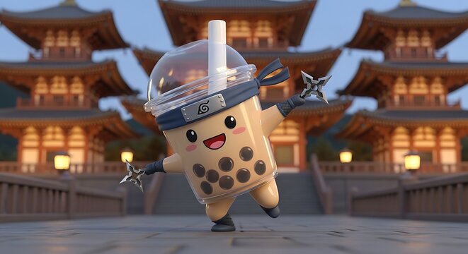 Animated bubble tea character dressed as a ninja poses on a bridge in front of traditional Japanese architecture. 3D render