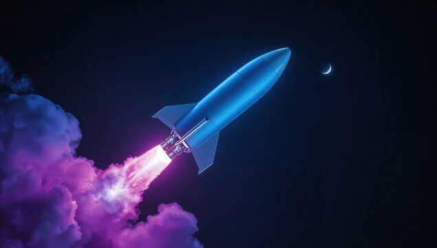 Blue rocket launching into space with purple smoke and crescent moon at night