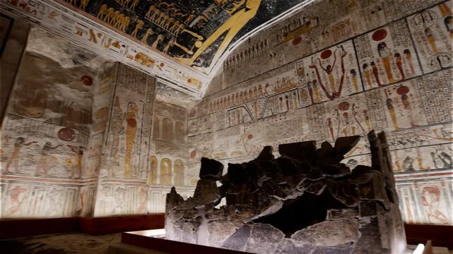 Burial chamber of an ancient Egyptian pharaoh Ramesses tomb KV9, Valley of the Kings, Luxor, Egypt, with vivid hieroglyphic on walls.