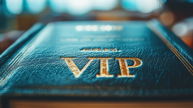 VIP text embossed on textured leather surface with gold detailing, conveying exclusivity and luxury in close up shot
