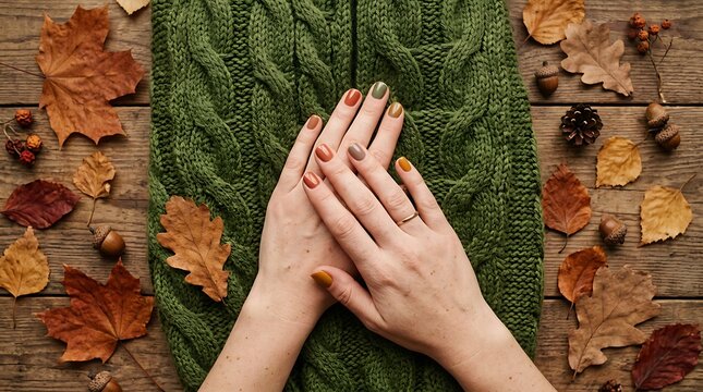 Woman hands with autumn nail art on wooden table with leaves and green sweater