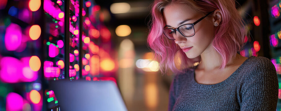 Young woman with pink hair and glasses working on laptop in colorful server room with glowing lights, focused and engaged in technology environment