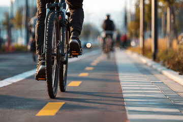 Naklejka premium Close up view of a cyclist riding on a dedicated urban bike lane during a sunny day. Modern city infrastructure promotes healthy and eco friendly transportation alternatives for daily commuting