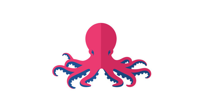 A vibrant pink stylized octopus with eight curling tentacles featuring dark blue undersides is positioned symmetrically in the center of a white background.