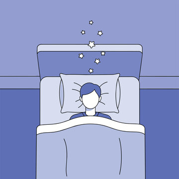 Illustration of a person lying in bed under the covers with stars floating above, representing sleep or dreams.