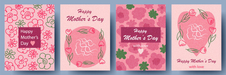 Happy Mother's Day greeting cards or posters with flowers. Trendy hand drawn illustration for season banner, flyer, cover.  © AnnaMiskas