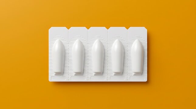 White bullet shaped suppositories in blister pack on orange background, medical treatment, healthcare product