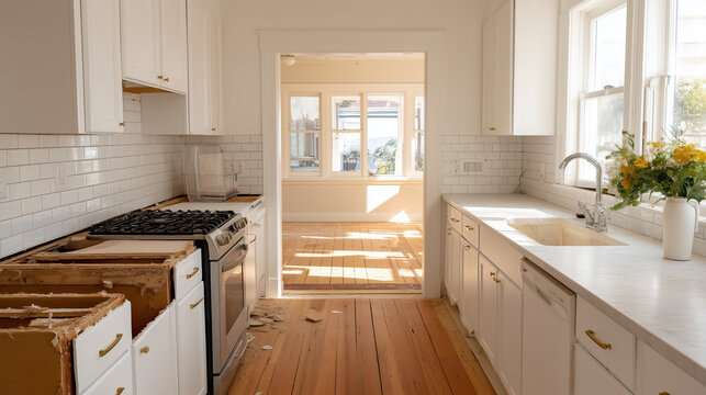 Worn kitchen stripped to bare studs on left, gleaming quartz counters and subway tile on right, single wall split down center, morning light, before and after house flip reveal, real estate investor