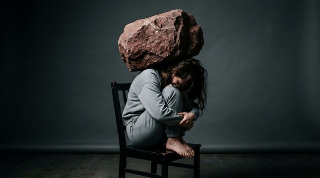 Woman sitting on chair with large rock on her head feeling stressed and overwhelmed by heavy weight on her mind