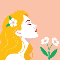 Beautiful Blonde Woman Profile Portrait With White Flowers Vector Illustration © Gopal