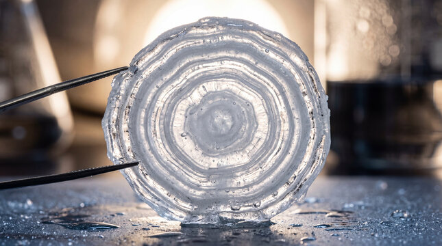 Macro close-up of a large hailstone cut in half, revealing its complex internal conce