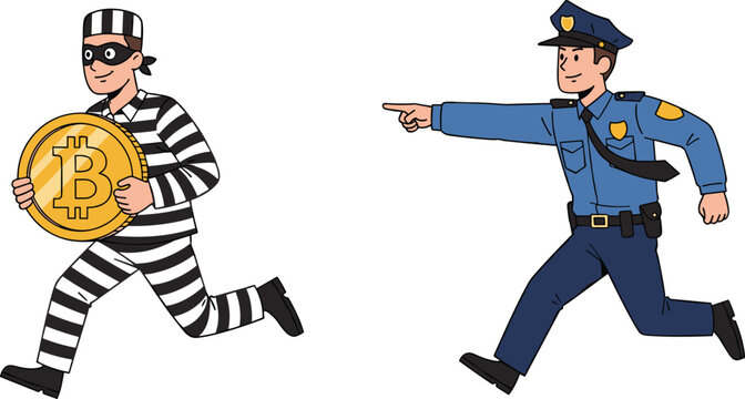 Cartoon Thief Running Bitcoin Crypto Currency Police Chasing Cybercrime Concept Vector Illustration Isolated Background