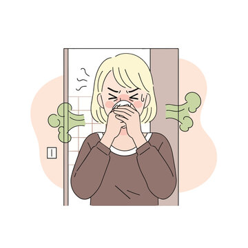 Illustration of a woman covering her nose and reacting to a bad smell in a room, expressing disgust and discomfort.