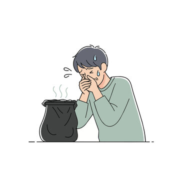 Illustration of a man holding his nose and reacting to a foul odor emanating from a black trash bag.