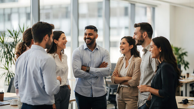 A group of people standing around talking to each other