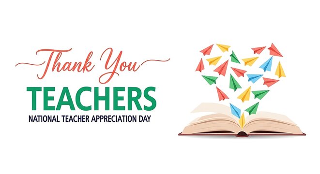 Thank You Teachers Card with Open Book and Colorful Paper Hearts for National Teacher Appreciation Day