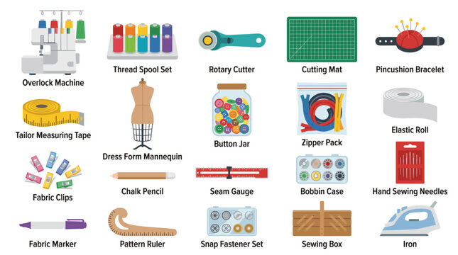 Sewing and tailoring icon set with thread spools, rotary cutter, cutting mat, pin cushion, fabric marker, buttons, ruler and sewing machine tools