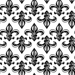 Seamless Pattern of Black Fleur-de-Lis Symbols on a White Background, Royal French Heraldry Motif. © 111chemodan111