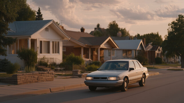 Tax assessor driving slowly in sedan past row of modest homes, holding clipboard, evaluating exteriors, neighborhood visible behind, property valuation process, residential assessment, local governm