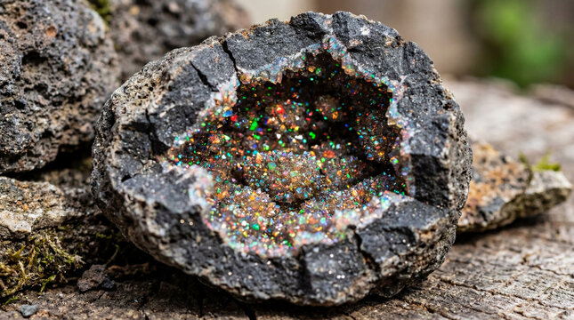 Close-up of a cracked volcanic geode, its hollow interior lined with thousands of tin