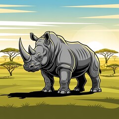 Fototapeta premium Gray rhinoceros standing in savannah landscape.