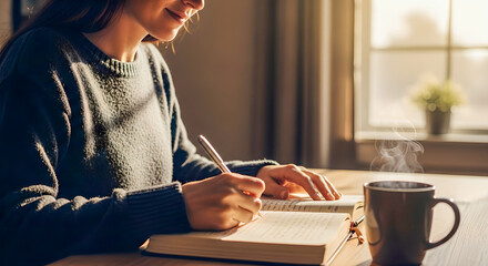 Obraz premium Cozy morning journaling, young woman writing in notebook at wooden desk, warm sunlight and steaming coffee cup, peaceful home office routine