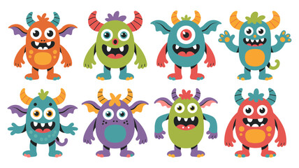 Fototapeta premium Collection of eight colorful cartoon monsters with horns and multiple eyes for children's books and playful designs