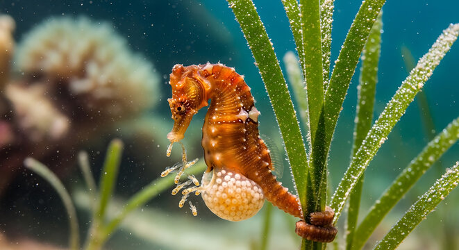 Captivating close-up of a vibrant male seahorse clinging gracefully to lush green seagrass underwater, diligently protecting its developing brood pouch within a serene and intricate marine habitat