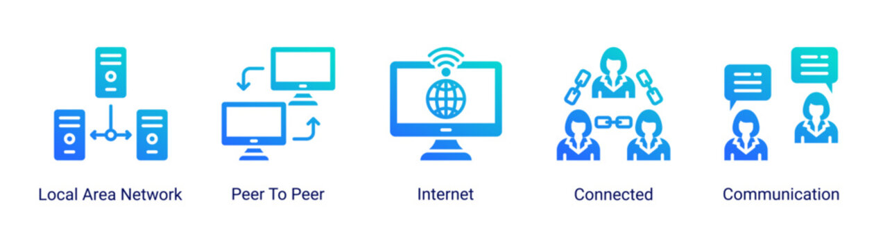 Network flow icon set featuring connection,internet,and communication systems.Suitable for networking and digital communication visuals.