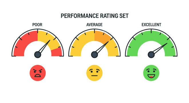 Performance rating set with gauges and emoticons.