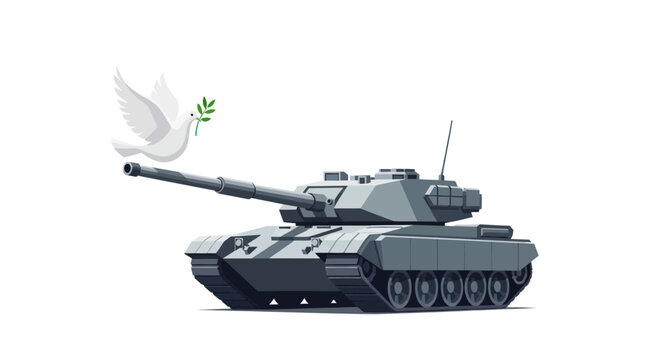A white dove of peace flying out of a military tank's barrel.