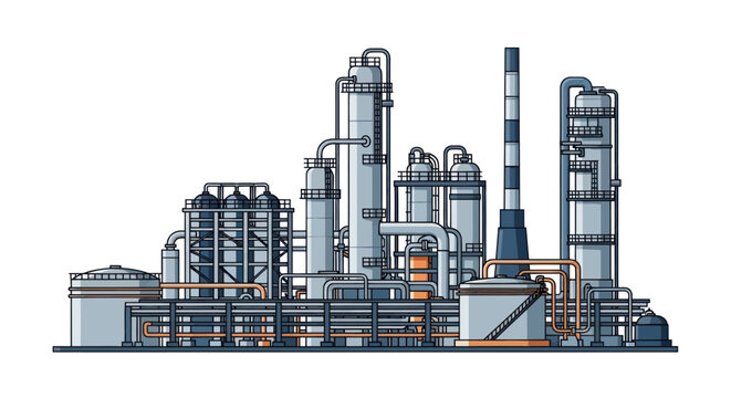 Flat vector illustration of an industrial chemical plant and oil refinery isolated on white.