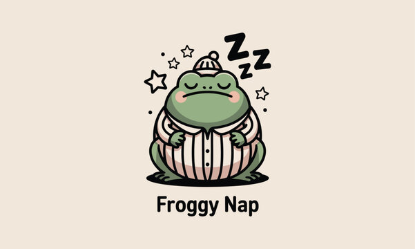 Charming illustration of a sleeping frog in pajamas with dream bubbles and stars