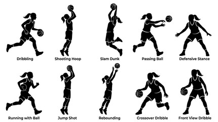 10 Woman Playing Basketball Silhouette Vector Pack – Female Sport & Athletic SVG Collection © delly