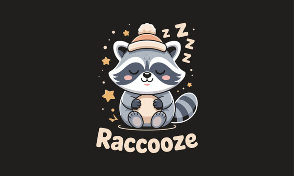 Charming raccoon illustration a cozy winter scene with a sleeping raccoon in a knit hat
