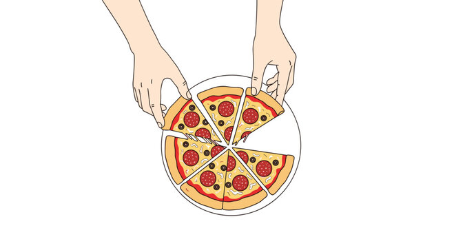 Two delicate hands reach down to grab individual slices of a delicious pepperoni pizza topped with black olives and melted cheese on a white background.