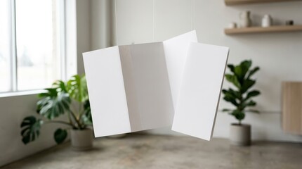 Fototapeta premium Minimalist white brochure mockup suspended in mid air