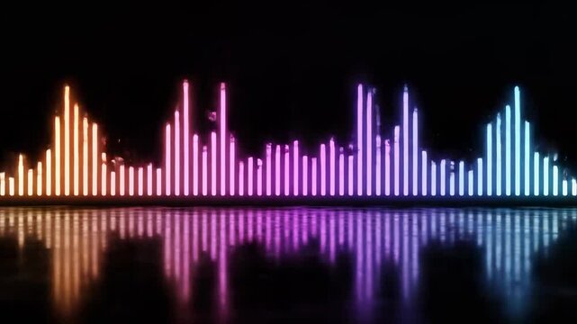 Vibrant Neon Audio Spectrum with colorful digital equalizer bars reflecting on a dark surface for music visualization and nightclub background.