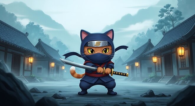 A ninja cat stands in a traditional Asian village, holding a katana. It wears a blue outfit with a head band and mask. Buildings in background