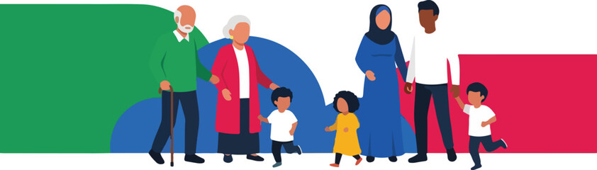 Fototapeta premium Diverse family generations and multi-ethnic groups with grandparents, parents, and children.