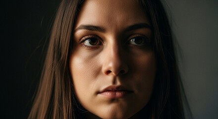 Fototapeta premium A young woman with long brown hair and a serious expression, captured in a close-up portrait with dramatic lighting.