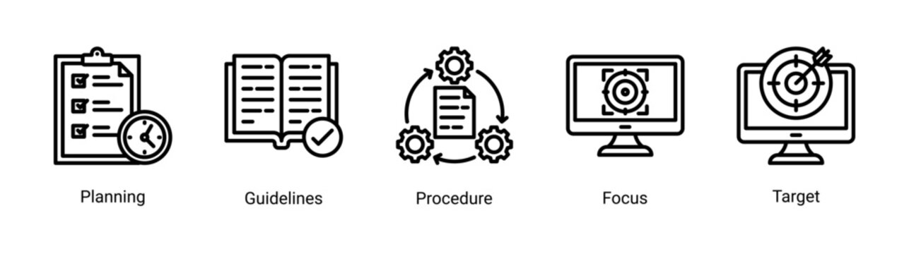 Planning basics icon set with workflow,guidelines,and goal-oriented concepts.Ideal for strategy,management,and business planning visuals.