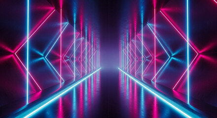 Naklejka premium A futuristic neon-lit corridor with glowing blue and pink lines creates an endless, geometric tunnel receding into darkness.