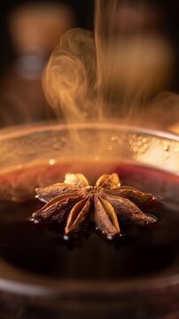 Textured star anise pod floating on dark crimson liquid with billowing vapor and warm amber backlighting for a cinematic sensory experience