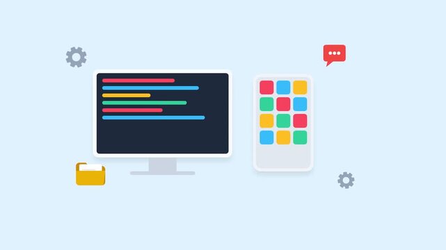 Computer User Login with Two-Factor Authentication via Mobile Authenticator App and Software Development Concept with Coding and App Icons flat animation