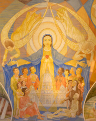 Fototapeta premium CREMA, ITALY - MARCH 20, 2026: The detail of ceiling fresco in sacristy (Mother of the Church) of the church Santuario di Santa Maria della Croce by Rosario Follini (1998).