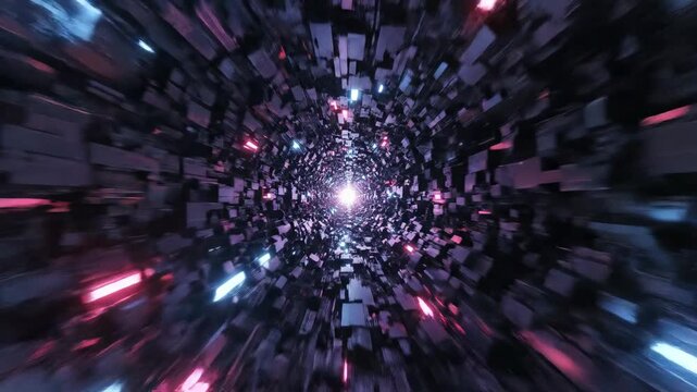 Futuristic Sci-Fi Tunnel Motion with glowing neon lights and metallic blocks flying through a dark void for technology backgrounds and cinematic intros.